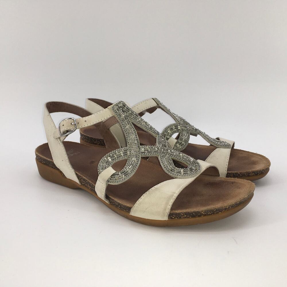 Dansko Reeta Beaded Sandal Womens 40 9.5 Tan Metallic Boho Strappy Cork Comfort